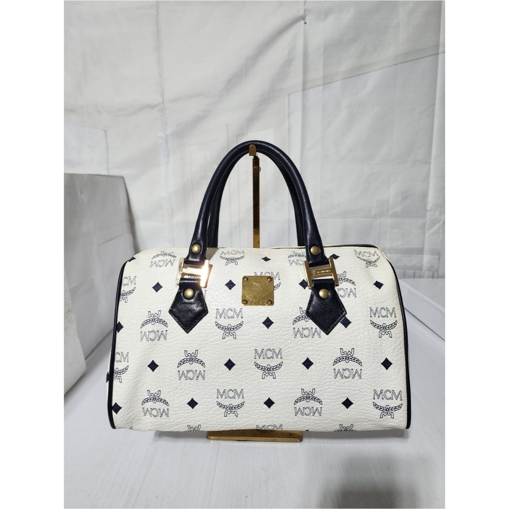 MCM Vintage Coated Canvas visetos Handle Bag Navy Blue/White - Picture 5 of 14
